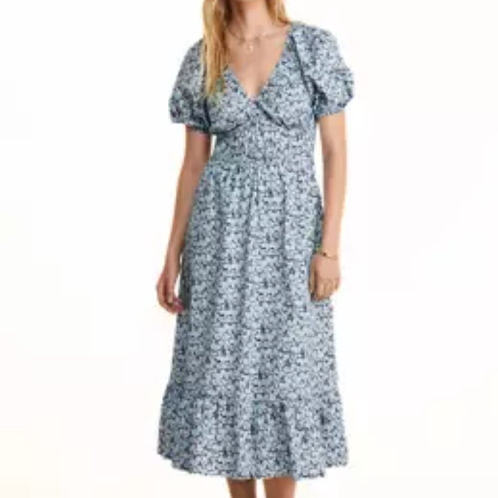 Vineyard Vines Poplin V-Neck Midi Dress Floral Navy Medium Cottagecore Maxi Long